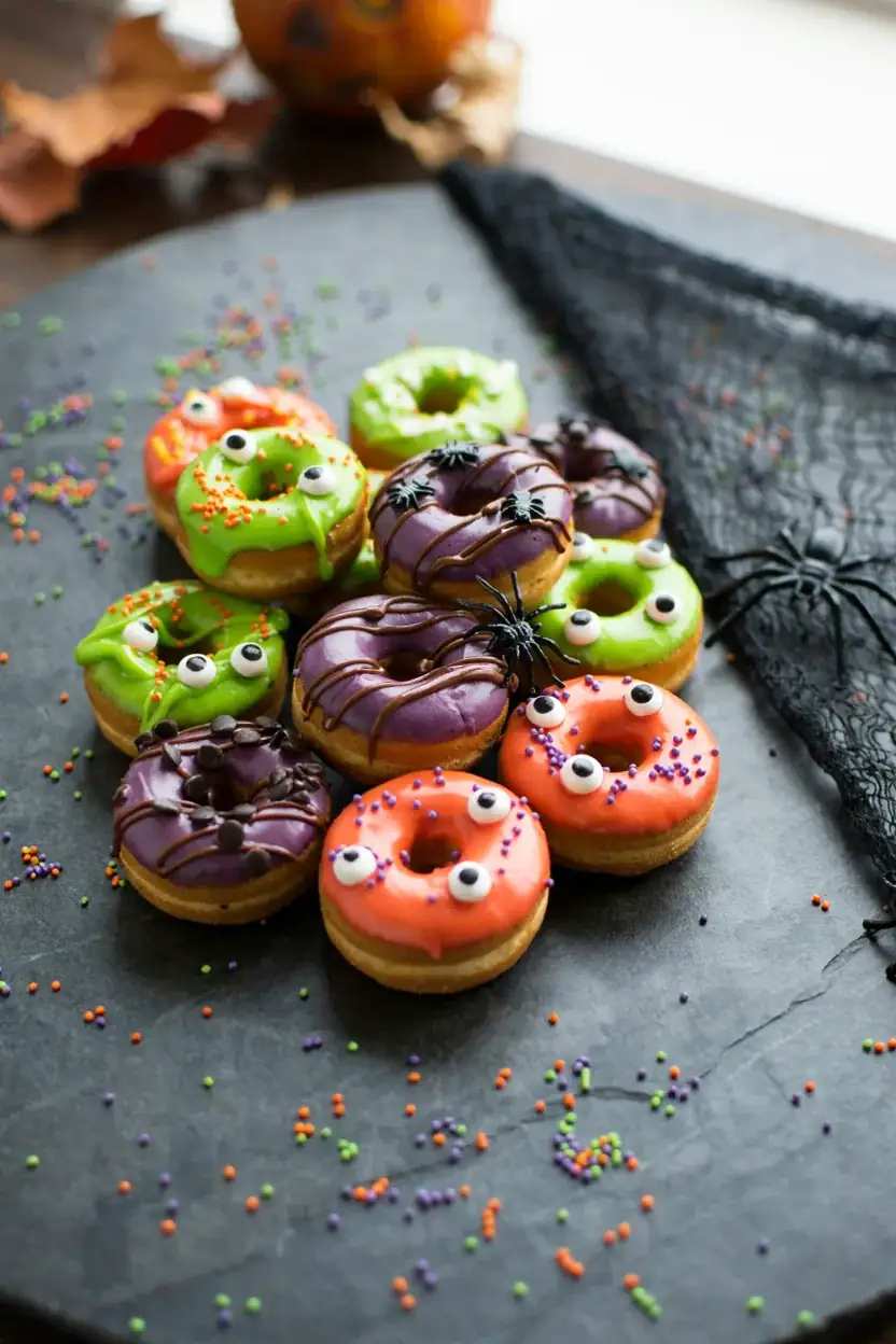 Glazed pink donuts topped with white icing “eyeballs,” red raspberry “blood,” and chocolate “pupils” on a pastel plate